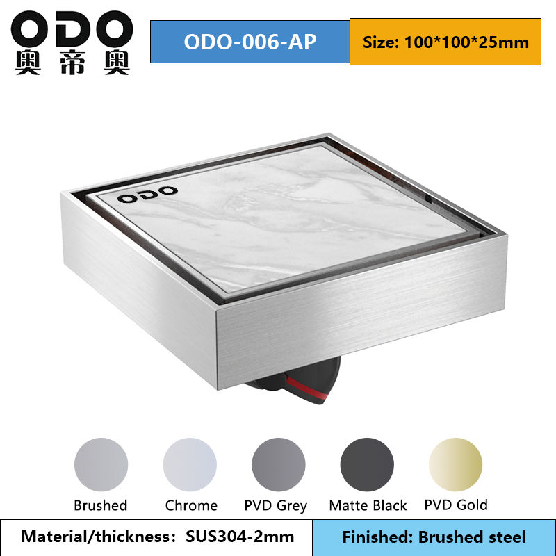 10x10cm ODO-006-AP Tile Insert Floor Drain Brushed Steel