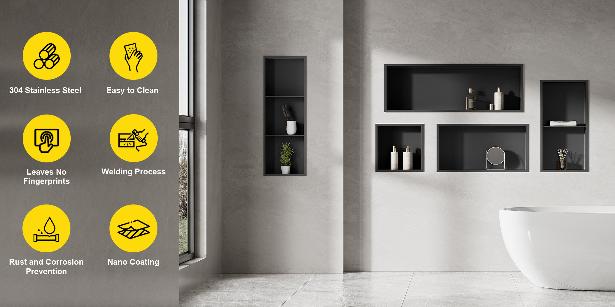 Stainless steel wall niche and bathroom fixture assembly