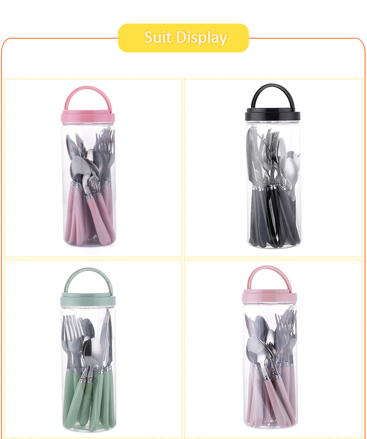Colorful stainless steel flatware set with decorative handles and storage holder