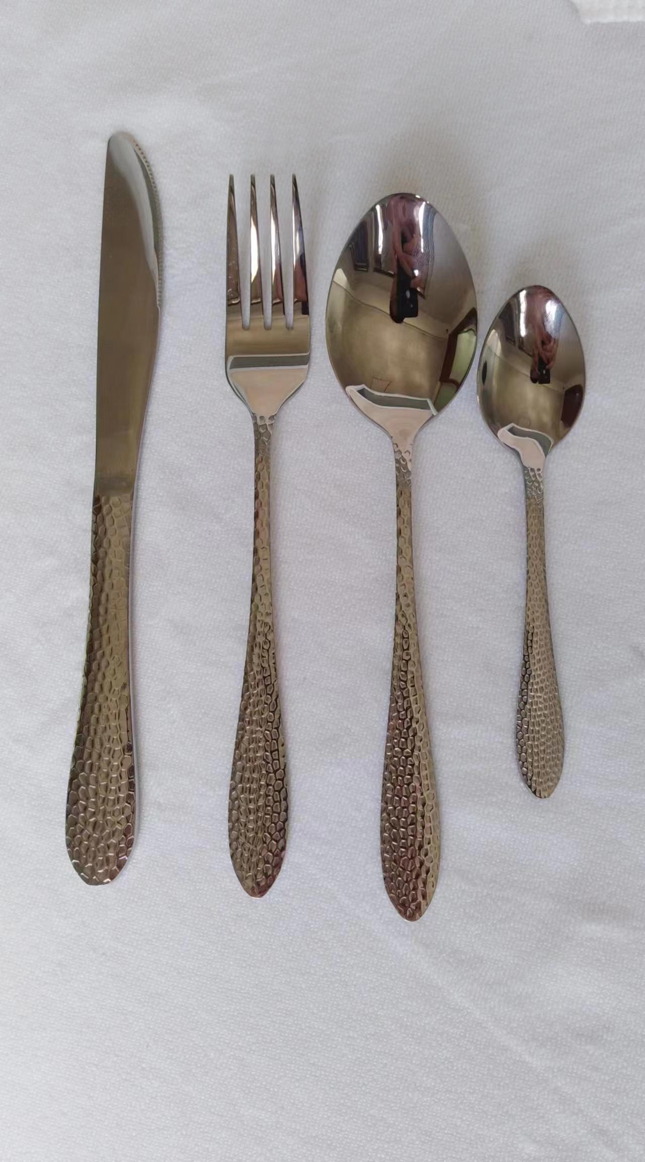 Stainless steel hammered flatware product detail for multiple SKU identification