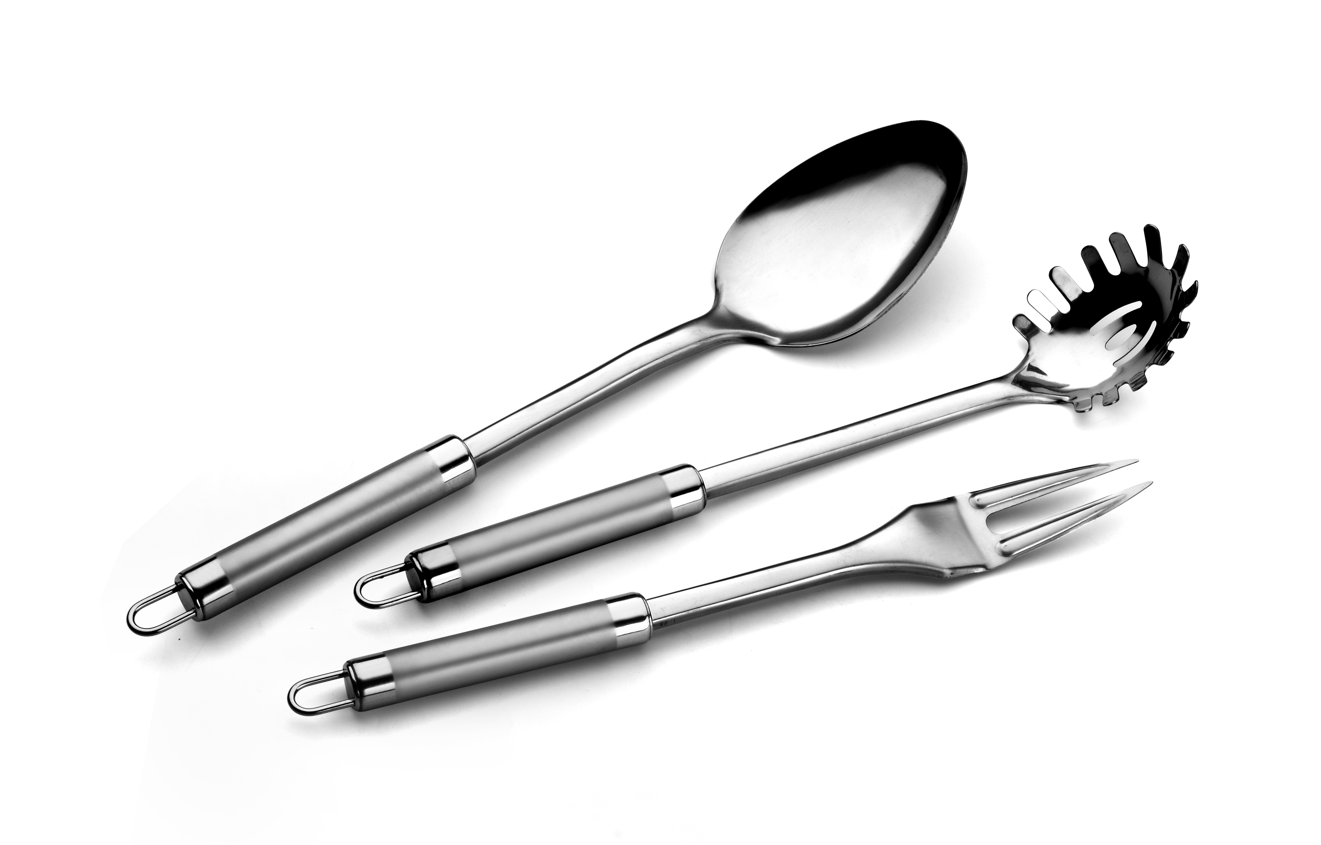 Silver stainless steel kitchen utensils set for product inspection and packaging review