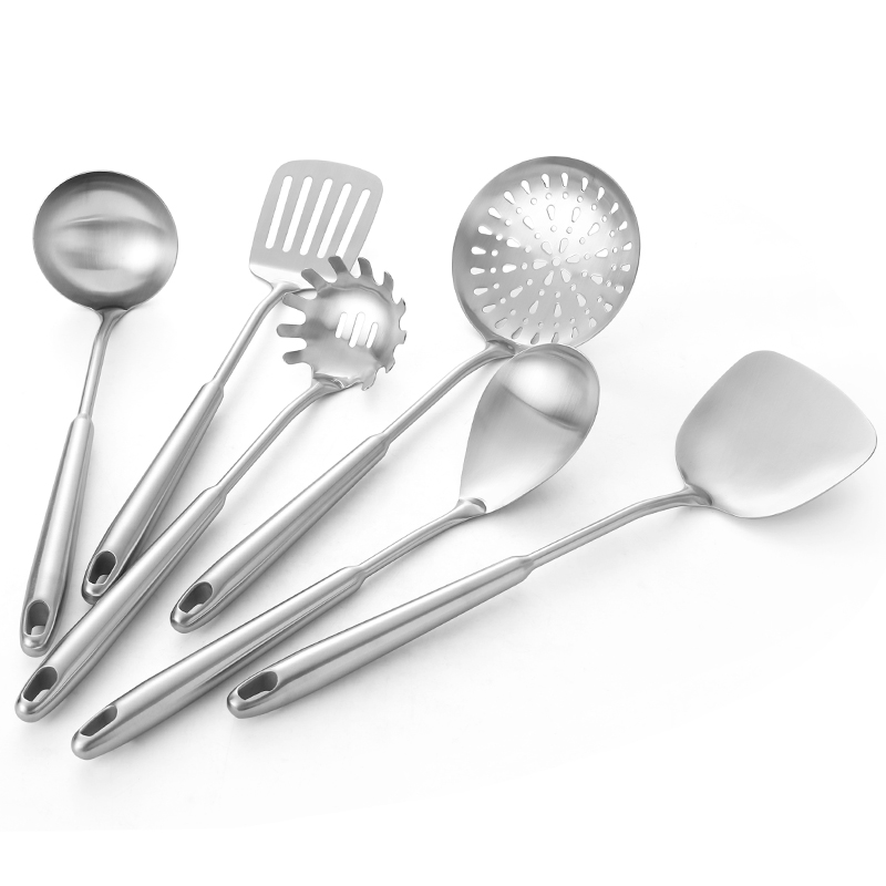 Satin stainless steel kitchen utensil set for food tongs and kitchen tools